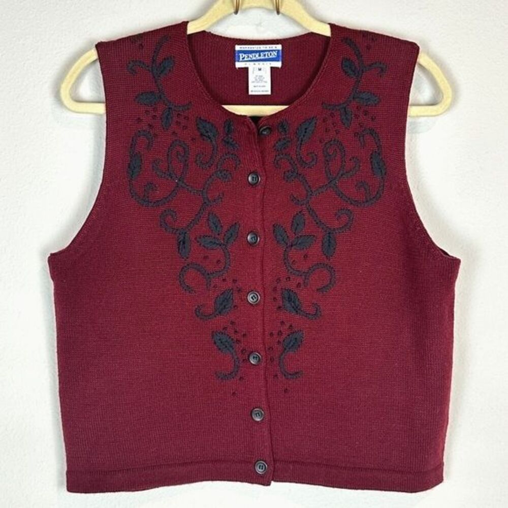 Vintage Pendleton Burgundy Embroidered Wool Blend Button Up Sweater Vest M